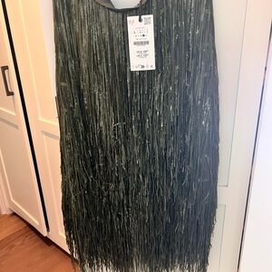Zara A-Line Fringe Skirt in Dark Green